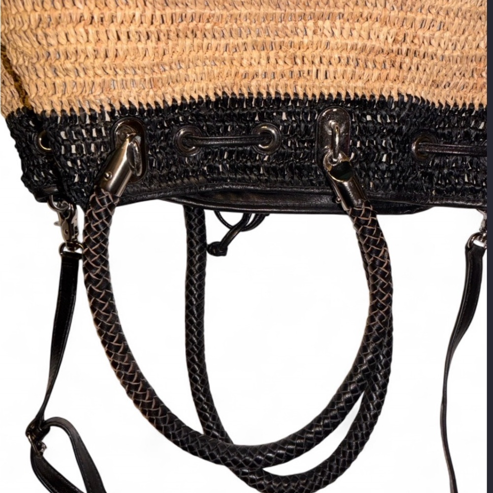 Rebecca Minkoff Straw Leather Satchel Black Tan Summer bag - Picture 7 of 7